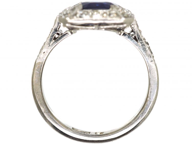 Art Deco 18ct White Gold & Platinum, Unheated Sapphire & Diamond Ring with Diamond Set Shoulders