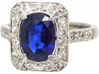 Art Deco 18ct White Gold & Platinum, Unheated Sapphire & Diamond Ring with Diamond Set Shoulders