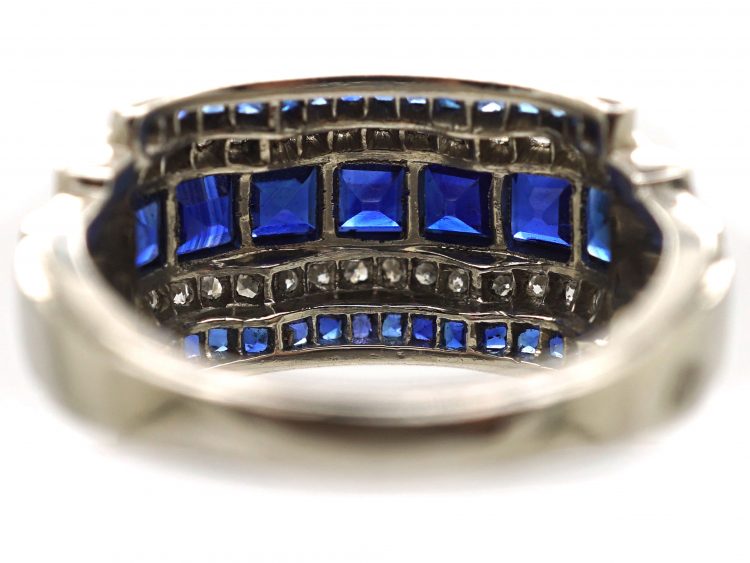 Art Deco Platinum, Sapphire & Diamond Ring with Scalloped Edges