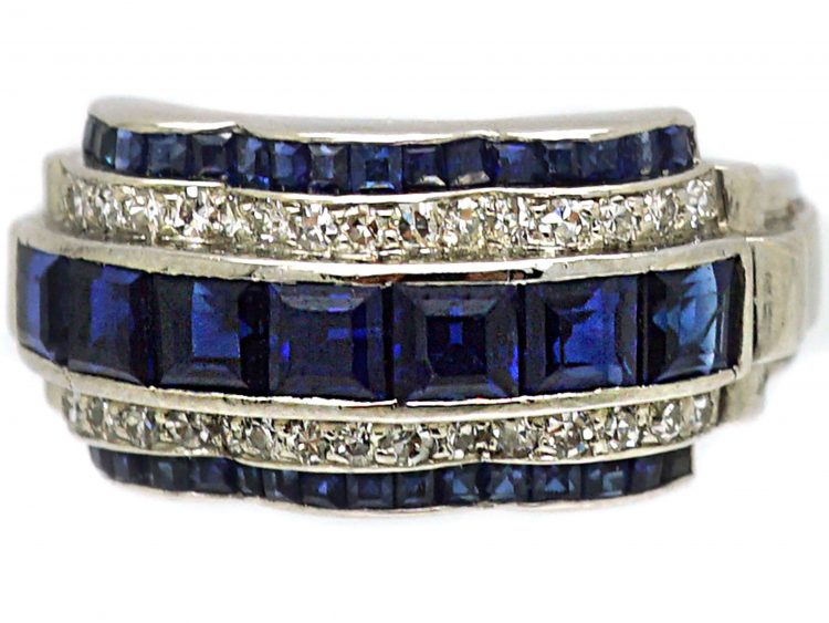 Art Deco Platinum, Sapphire & Diamond Ring with Scalloped Edges