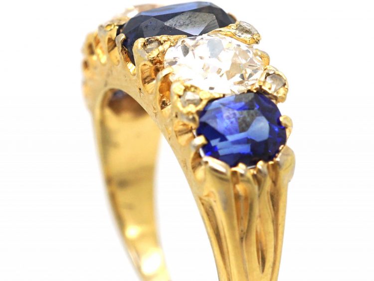 Victorian 18ct Gold Five Stone Unheated Sapphire & Diamond Ring