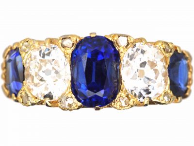 Victorian 18ct Gold Five Stone Unheated Sapphire & Diamond Ring