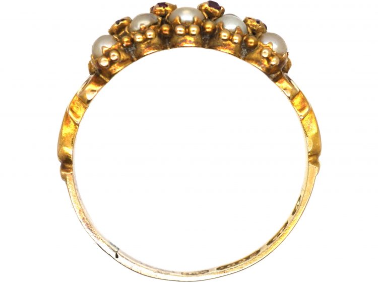 Victorian 15ct Gold Ring set with Natural Split Pearls with Small Rubies along the Middle