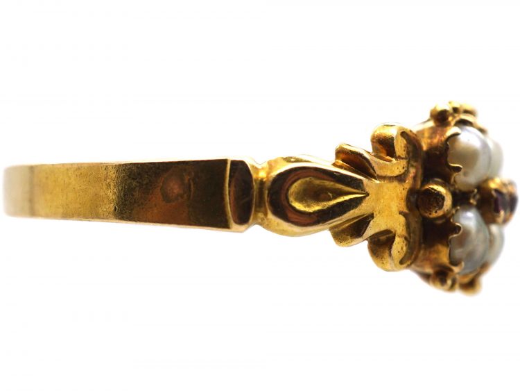 Victorian 15ct Gold Ring set with Natural Split Pearls with Small Rubies along the Middle