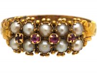 Victorian 15ct Gold Ring set with Natural Split Pearls with Small Rubies along the Middle