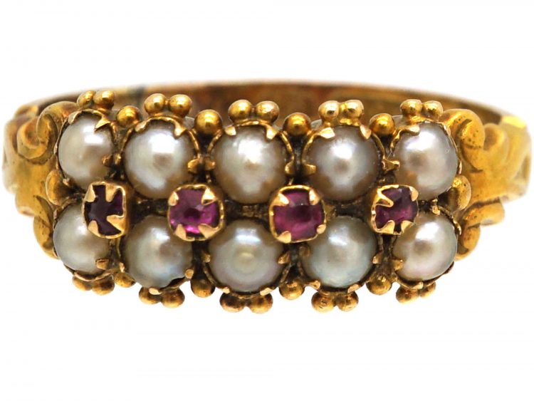 Victorian 15ct Gold Ring set with Natural Split Pearls with Small Rubies along the Middle