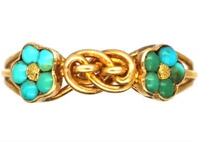Early 19th Century 18ct Gold, Forget me Not Double Turquoise Clusters & Lover’s Knot Ring