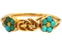 Early 19th Century 18ct Gold, Forget me Not Double Turquoise Clusters & Lover's Knot Ring