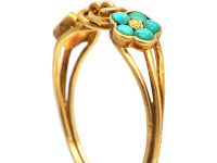 Early 19th Century 18ct Gold, Forget me Not Double Turquoise Clusters & Lover's Knot Ring