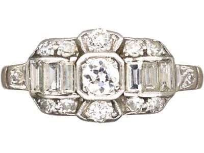 Art Deco 18ct White Gold Diamond Ring with Baguette Diamond Detail