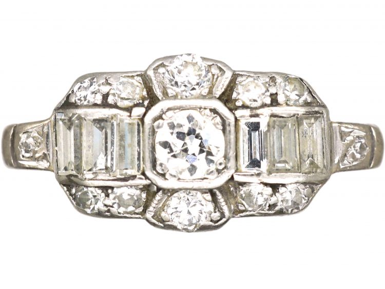 Art Deco 18ct White Gold Diamond Ring with Baguette Diamond Detail
