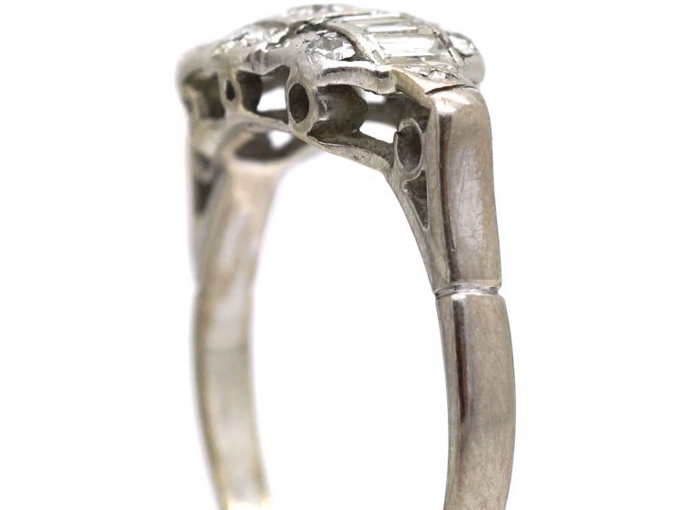 Art Deco 18ct White Gold Diamond Ring with Baguette Diamond Detail
