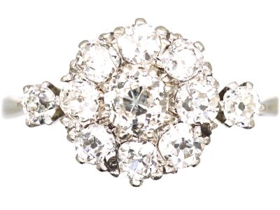Edwardian 18ct White Gold & Platinum, Diamond Cluster Ring with Diamond Set Shoulders