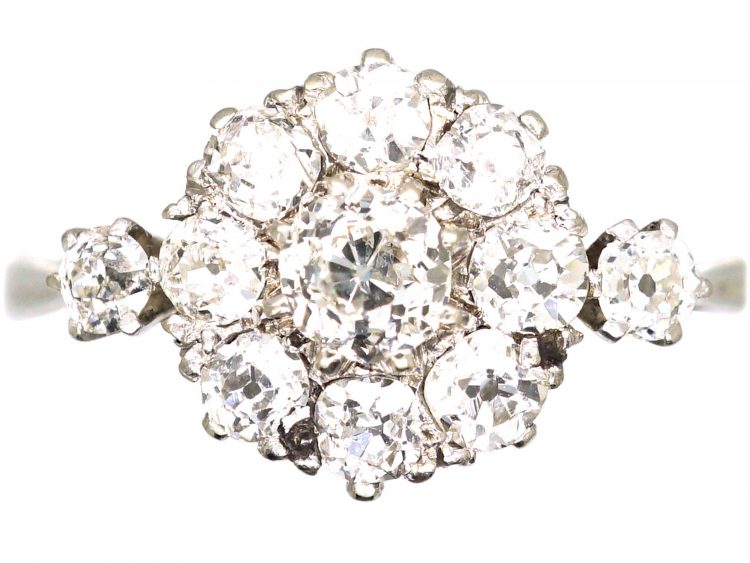 Edwardian 18ct White Gold & Platinum, Diamond Cluster Ring with Diamond Set Shoulders