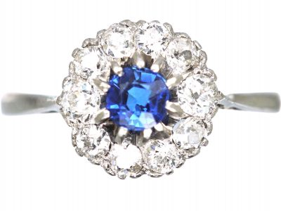 Art Deco 18ct White Gold & Platinum, Sapphire & Diamond Cluster Ring