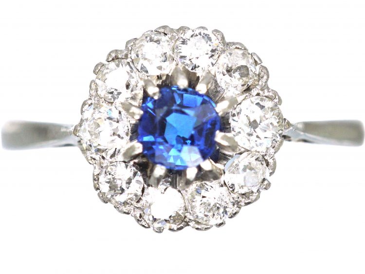 Art Deco 18ct White Gold & Platinum, Sapphire & Diamond Cluster Ring