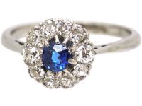 Art Deco 18ct White Gold & Platinum, Sapphire & Diamond Cluster Ring