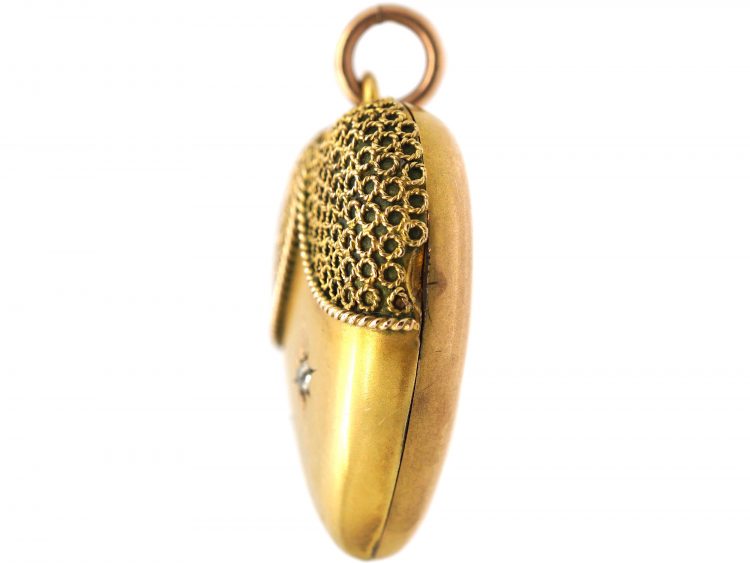 Edwardian Large 9ct Gold Heart Shaped Locket set with a Diamond