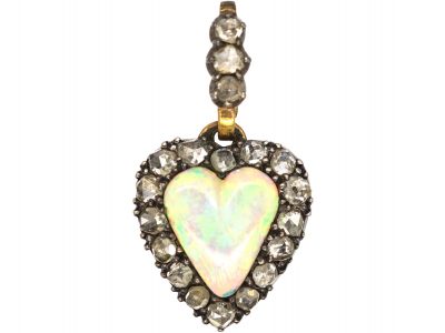 Edwardian Rose Diamond & Opal Heart Pendant with Locket on Reverse