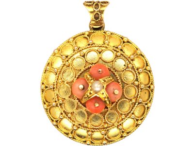 Victorian 15ct Gold Round Pendant set with Coral & a Natural Split Pearl with Locket on Reverse