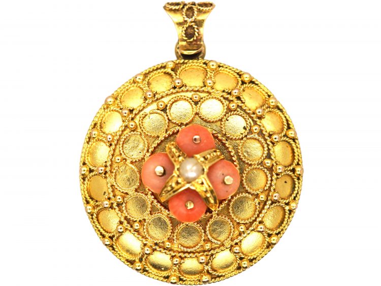 Victorian 15ct Gold Round Pendant set with Coral & a Natural Split Pearl with Locket on Reverse