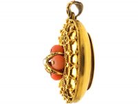 Victorian 15ct Gold Round Pendant set with Coral & a Natural Split Pearl with Locket on Reverse