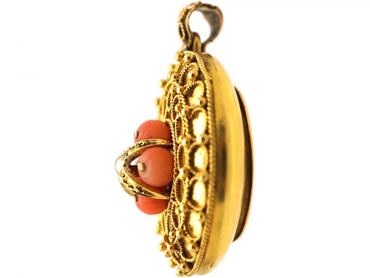 Victorian 15ct Gold Round Pendant set with Coral & a Natural Split Pearl with Locket on Reverse