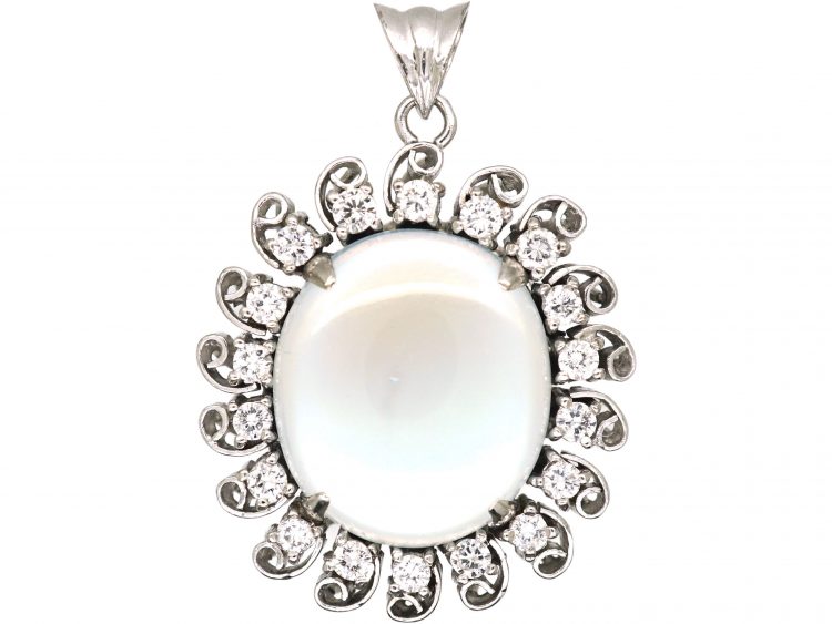 18ct White Gold, Moonstone & Diamond Moon Pendant