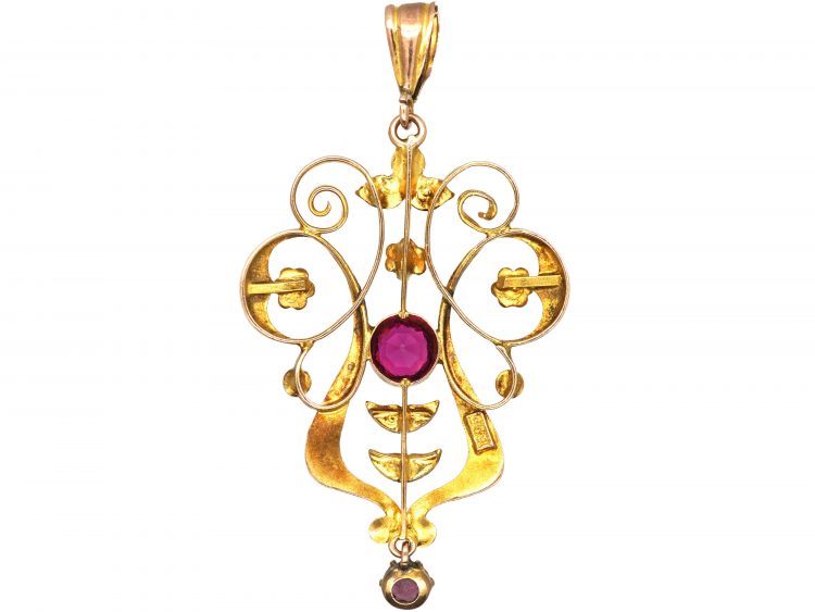Edwardian 9ct Gold Pendant set with Garnets & Natural Split Pearls