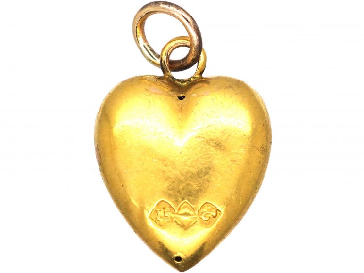 Edwardian 15ct Gold Heart Pendant set with a Sapphire, Ruby & Rose Diamond