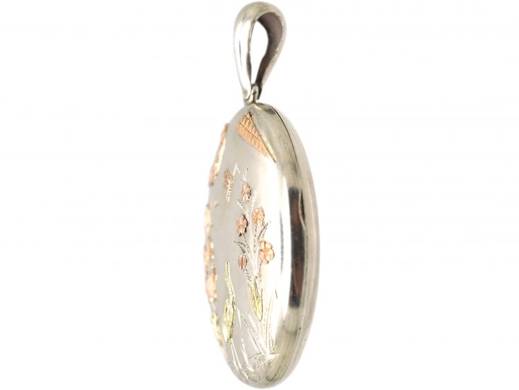 Victorian Silver & Gold Overlay Locket with Crane & Dragonfly Detail