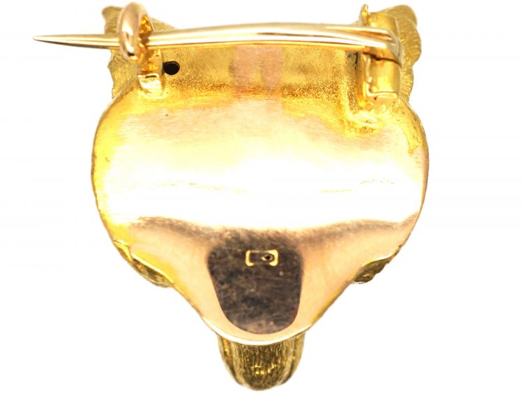 Edwardian 15ct Gold Brooch of a Fox Head with Rose Diamond Eyes