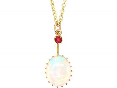 Edwardian 15ct Gold, Opal & Ruby Pendant on 9ct Gold Chain