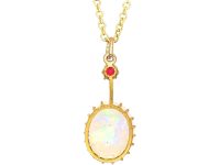 Edwardian 15ct Gold, Opal & Ruby Pendant on 9ct Gold Chain