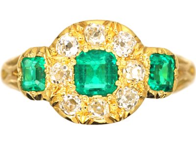 Victorian 18ct Gold, Emerald & Diamond Cluster Ring with an Emerald on Each Side