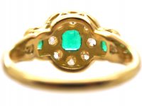Victorian 18ct Gold, Emerald & Diamond Cluster Ring with an Emerald on Each Side