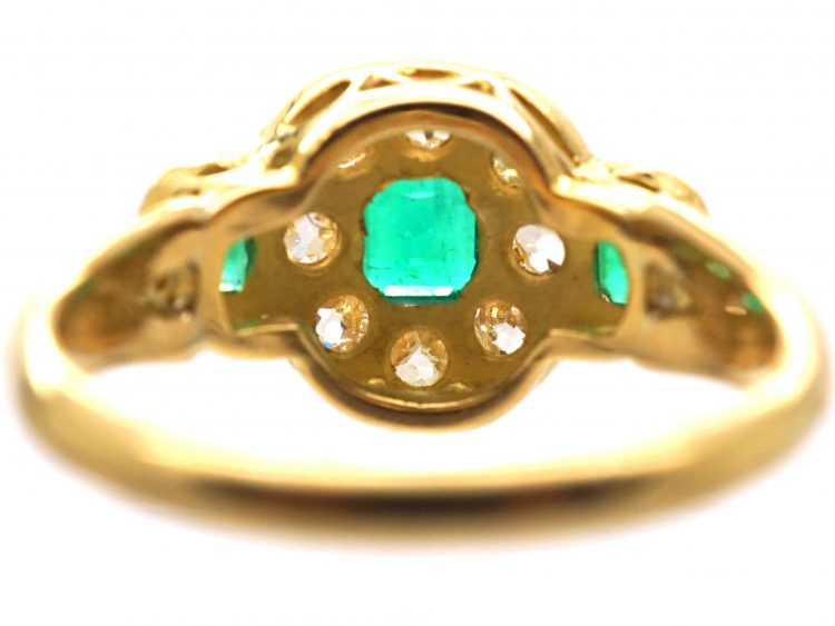 Victorian 18ct Gold, Emerald & Diamond Cluster Ring with an Emerald on Each Side