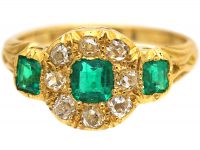 Victorian 18ct Gold, Emerald & Diamond Cluster Ring with an Emerald on Each Side
