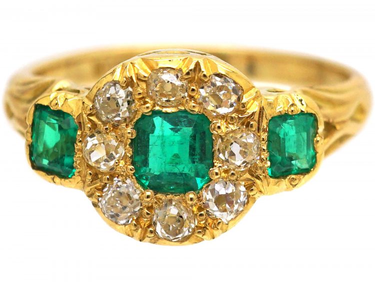 Victorian 18ct Gold, Emerald & Diamond Cluster Ring with an Emerald on Each Side