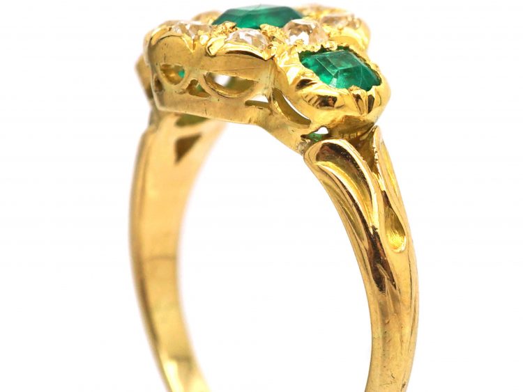 Victorian 18ct Gold, Emerald & Diamond Cluster Ring with an Emerald on Each Side