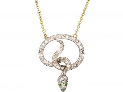 Edwardian Snake Pendant set with Diamonds with Green Garnet Eyes on a Gold Chain