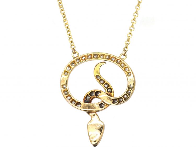 Edwardian Snake Pendant set with Diamonds with Green Garnet Eyes on a Gold Chain