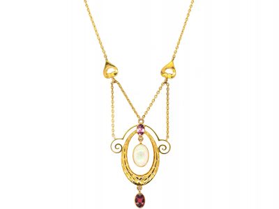 Edwardian 9ct Gold Necklace set with Opals & Garnets by Murrle Bennett & Co