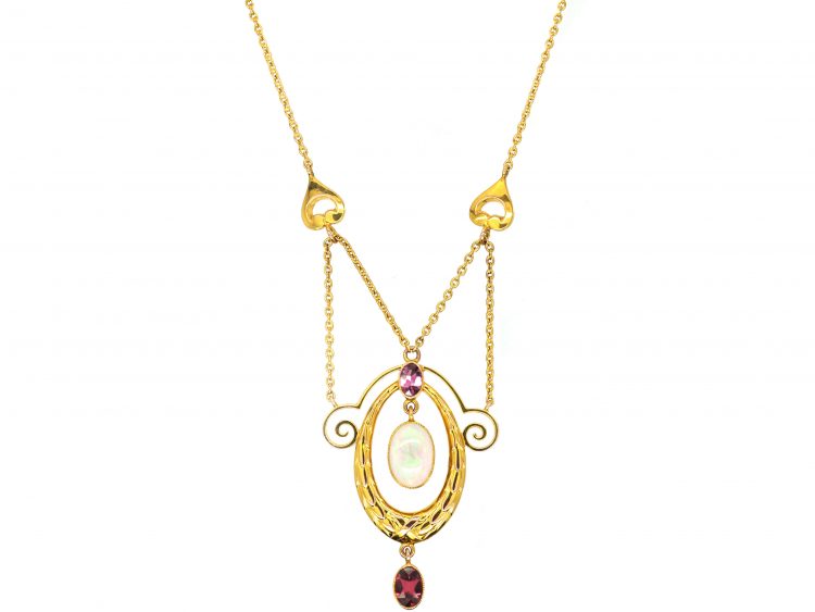 Edwardian 9ct Gold Necklace set with Opals & Garnets by Murrle Bennett & Co