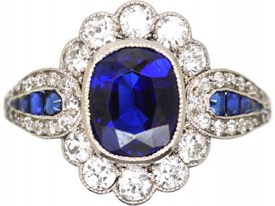 Art Deco 18ct White Gold, Sapphire & Diamond Cluster Ring with Sapphire & Diamond Shoulders