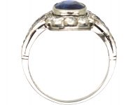 Art Deco 18ct White Gold, Sapphire & Diamond Cluster Ring with Sapphire & Diamond Shoulders
