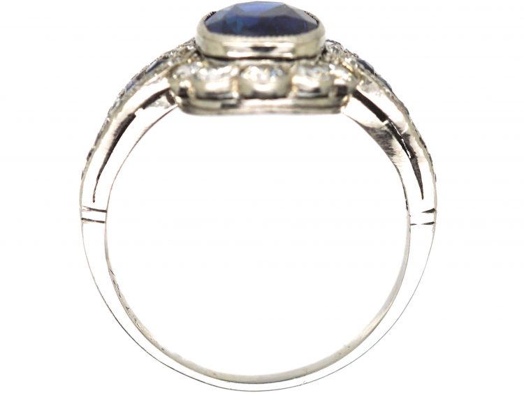 Art Deco 18ct White Gold, Sapphire & Diamond Cluster Ring with Sapphire & Diamond Shoulders