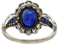 Art Deco 18ct White Gold, Sapphire & Diamond Cluster Ring with Sapphire & Diamond Shoulders