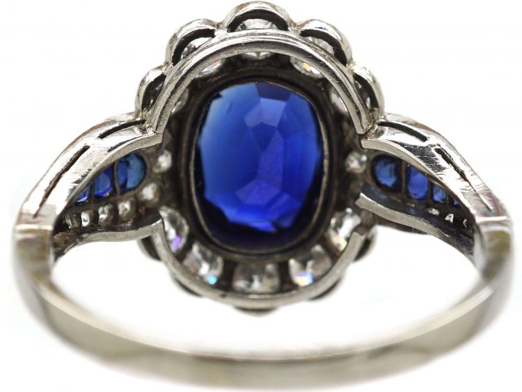 Art Deco 18ct White Gold, Sapphire & Diamond Cluster Ring with Sapphire & Diamond Shoulders