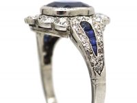Art Deco 18ct White Gold, Sapphire & Diamond Cluster Ring with Sapphire & Diamond Shoulders